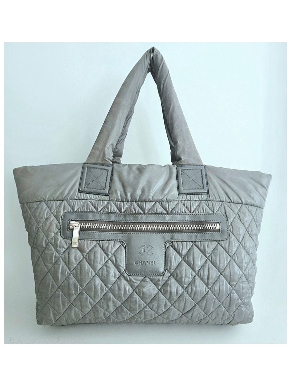 Authentic CHANEL Coco Cocoon Quilted Nylon Tote Grey Large Travel Bag